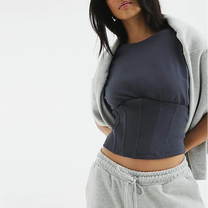 Custom Petite Grey Short Sleeve Corset Hem T-shirt