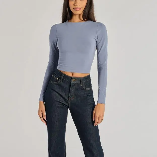 Crew Neck Long Sleeve Slim Fit Tshirts Custom Color Tights Basic Women Open Back Top