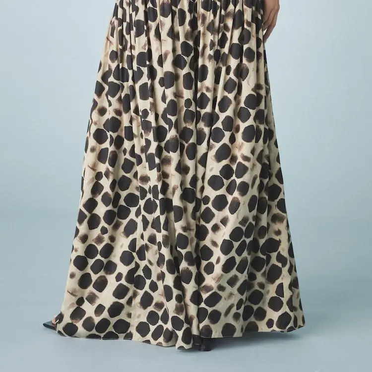 Custom Gold Glossy Satin Printed Pleat Maxi Skirt (3).jpg