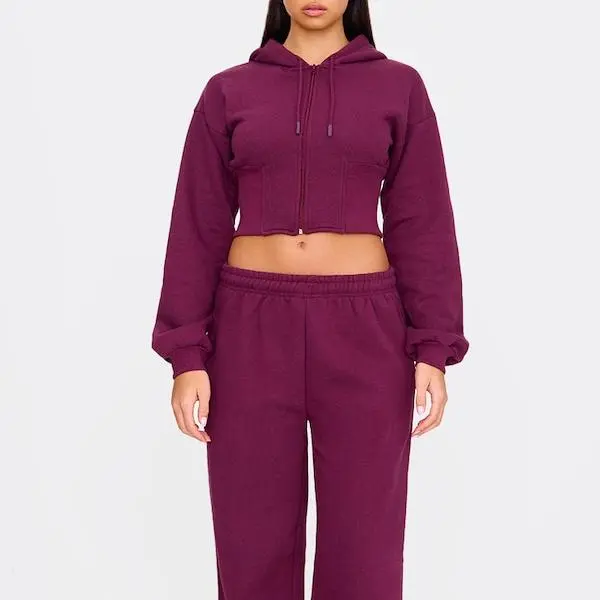 Factory custom women Burgundy Cinched Waist Cropped Zip Up Hoodie.jpg
