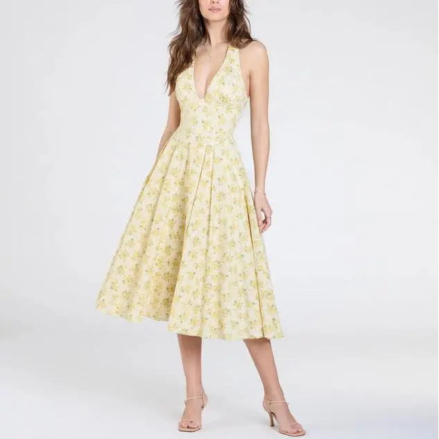 Custom hot sell printing Spring Halter Corset Floral Midi  women Dress