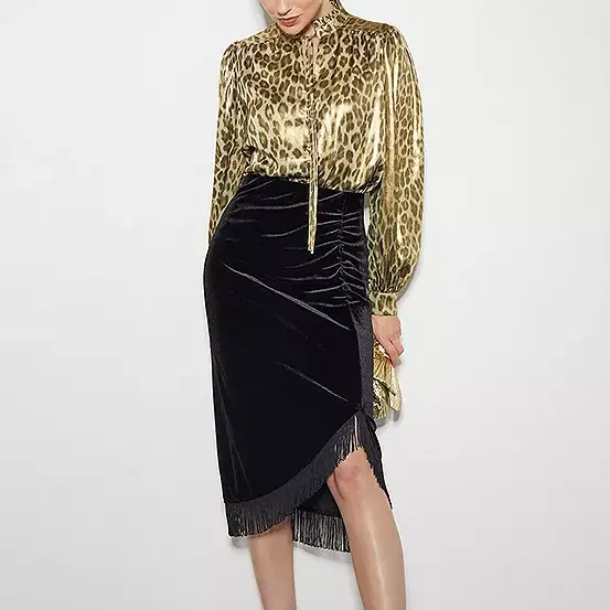 Black Velvet Ruched Asymmetric Hem Skirt