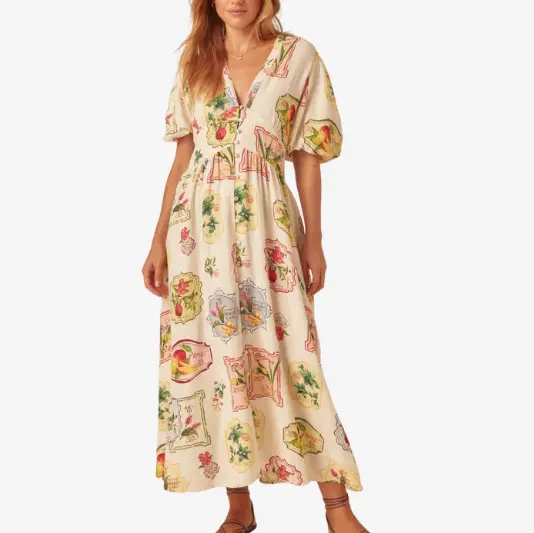 Wholesale Custom Floral - patterned V - neck puff - sleeve midi dress