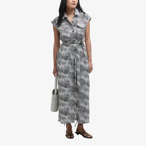 Factory Custom Black - and - White Wave - Pattern Sleeveless Belted Maxi Dress