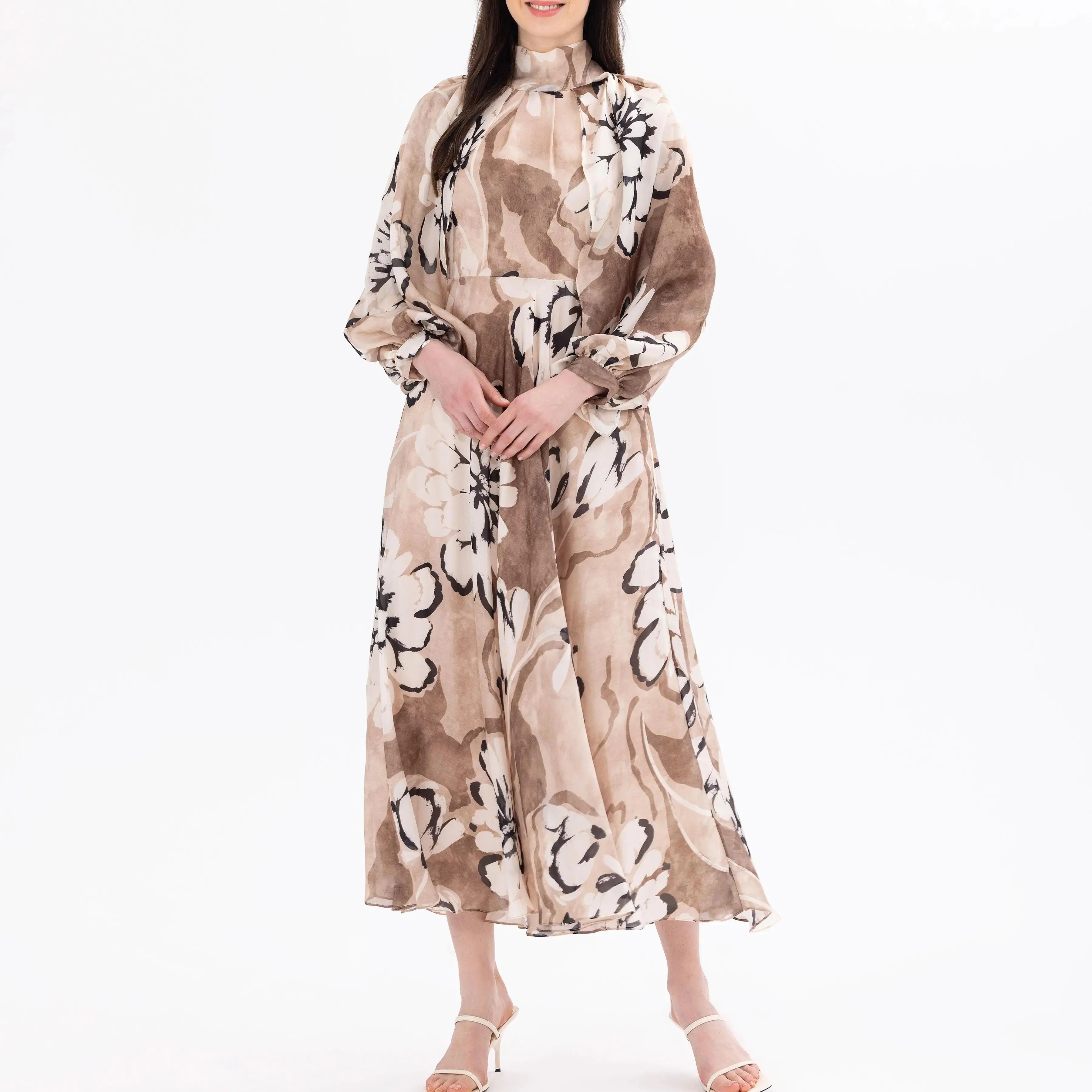 custom floral patterned dress with scarf collar