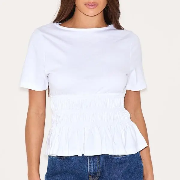 Factory custom White Shirred Fitted T-shirt for women