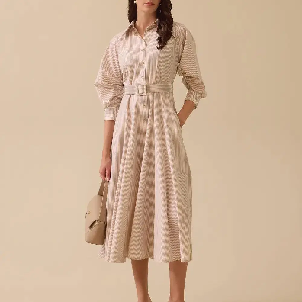 factory custom gathered sleeve belted cotton dress