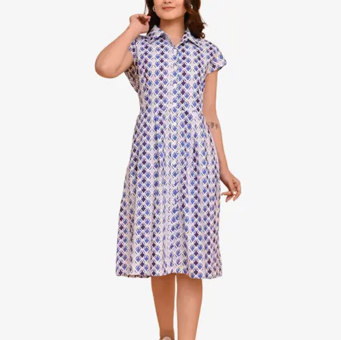 Factory Custom Blue and White Geometric - Patterned Short - Sleeved Shirt Dress