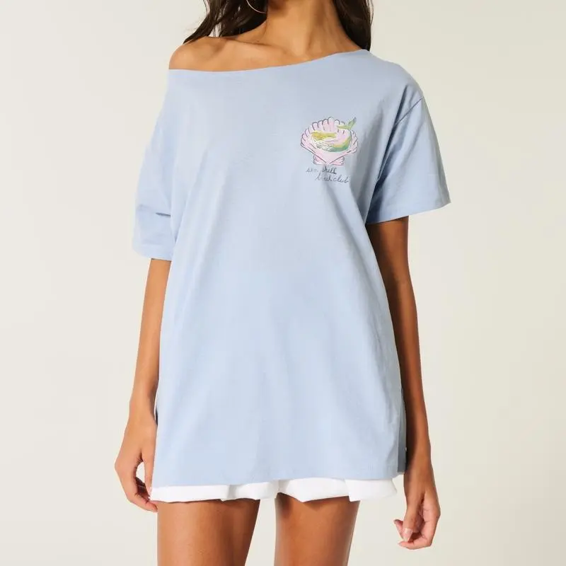 Factory OEM custom oversized Off-the-Shoulder Graphic Tee