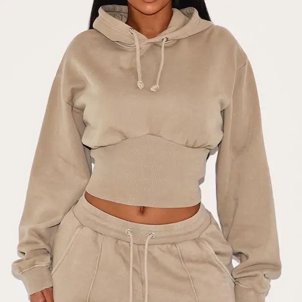 Factory custom women Shape Mocha Sweat Cropped Shirred Waist Hoodie