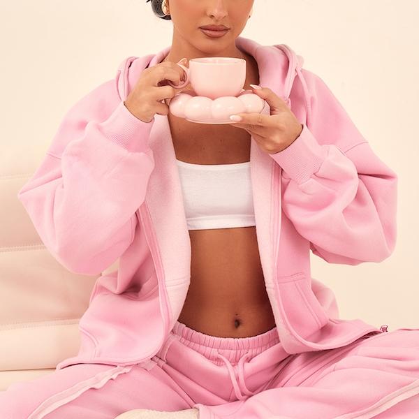 Factory custom Light Pink Oversized Zip Through Seam Detail women Hoodie