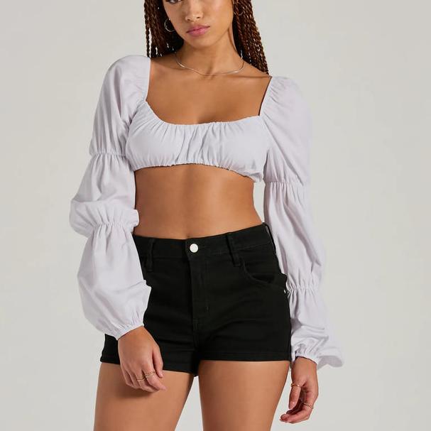 Custom Official korean Tie Back Long Sleeve Crop Top blouse women
