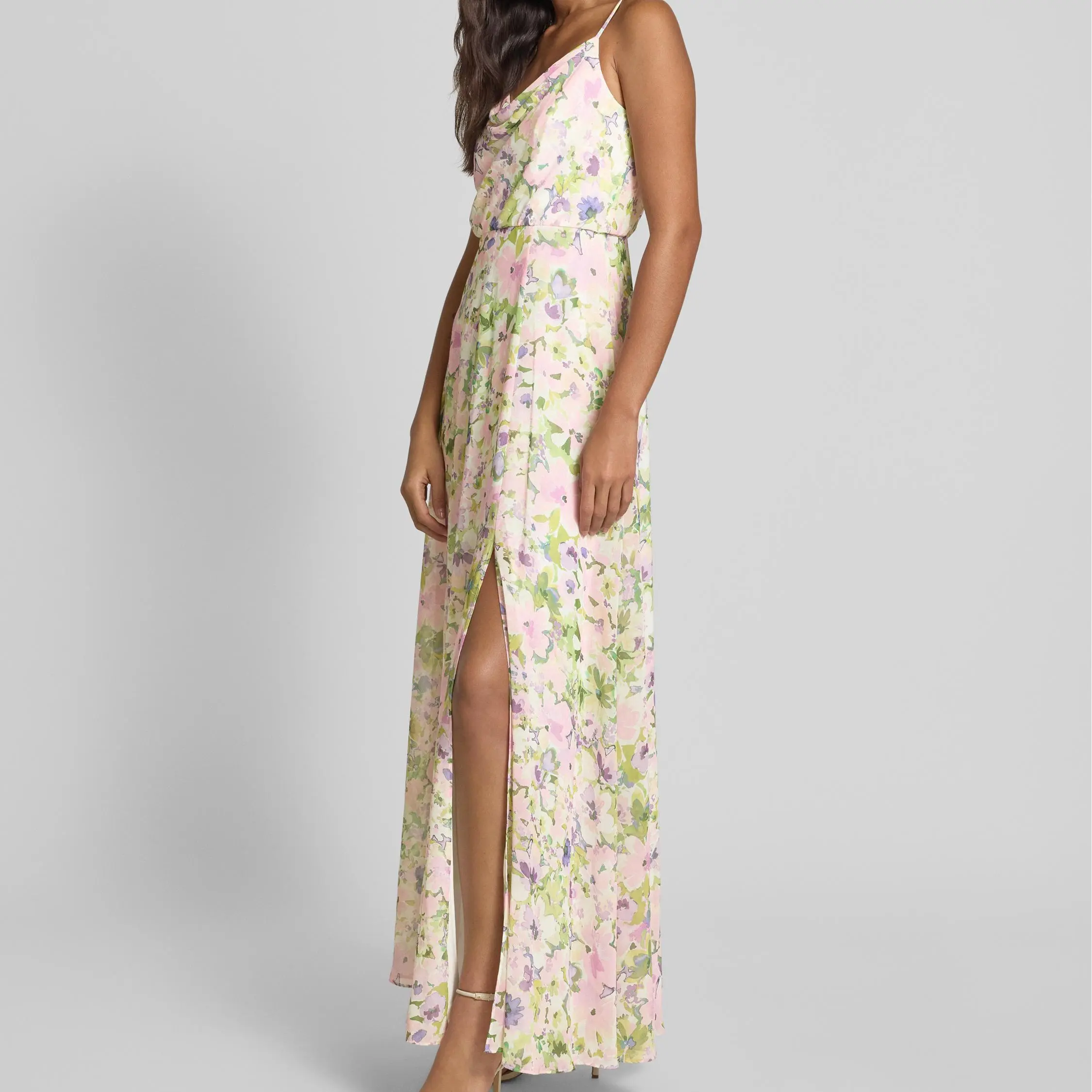 Evening dress with cascade neckline in pink melange (1).jpg