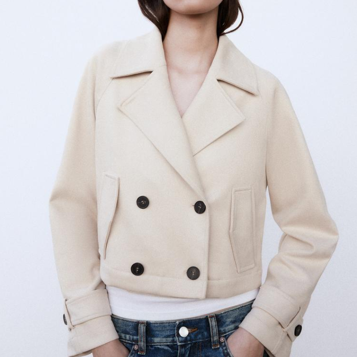 Beige Double - breasted Cropped Wool Jacket