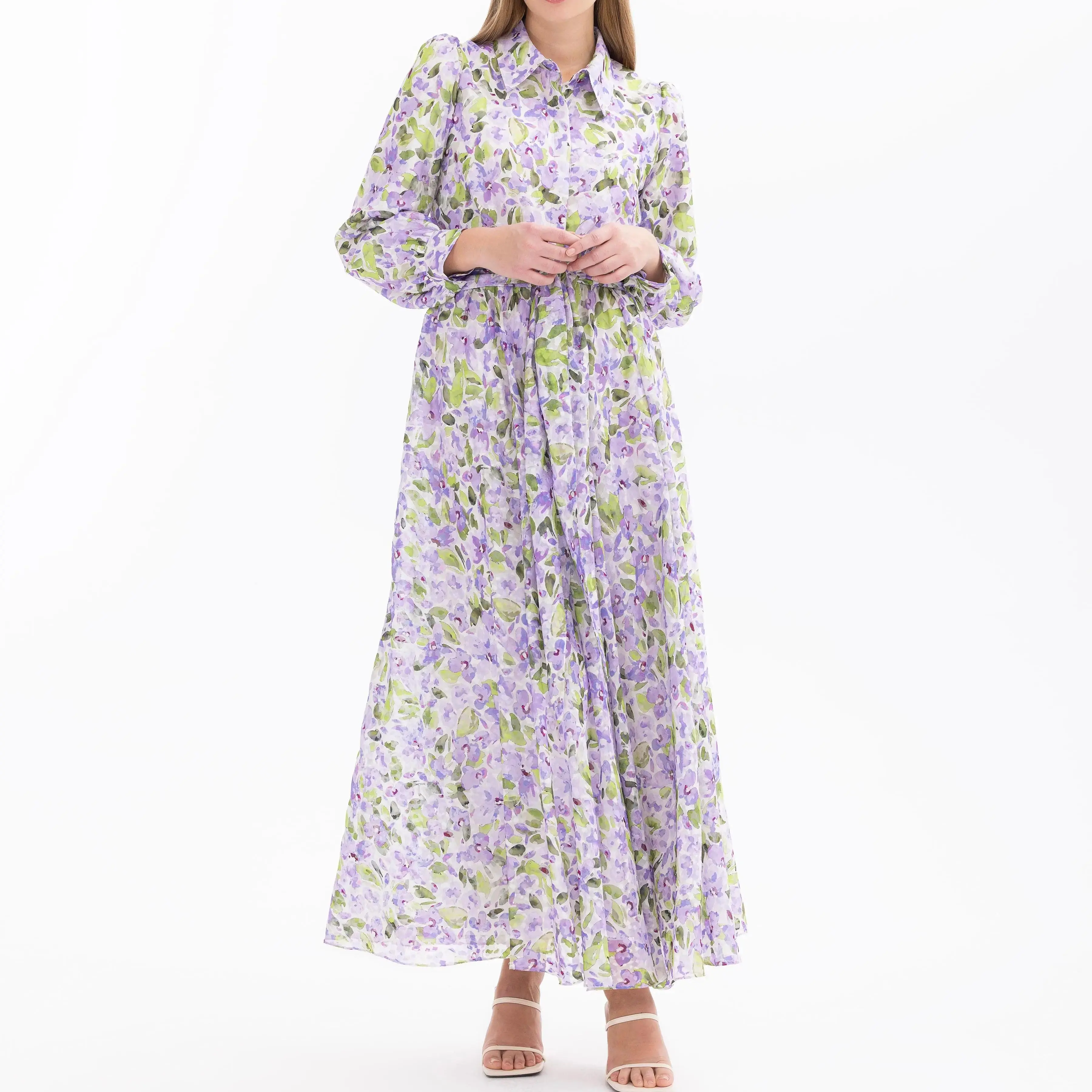 Custom Flower Patterned Long Sleeve Dress
