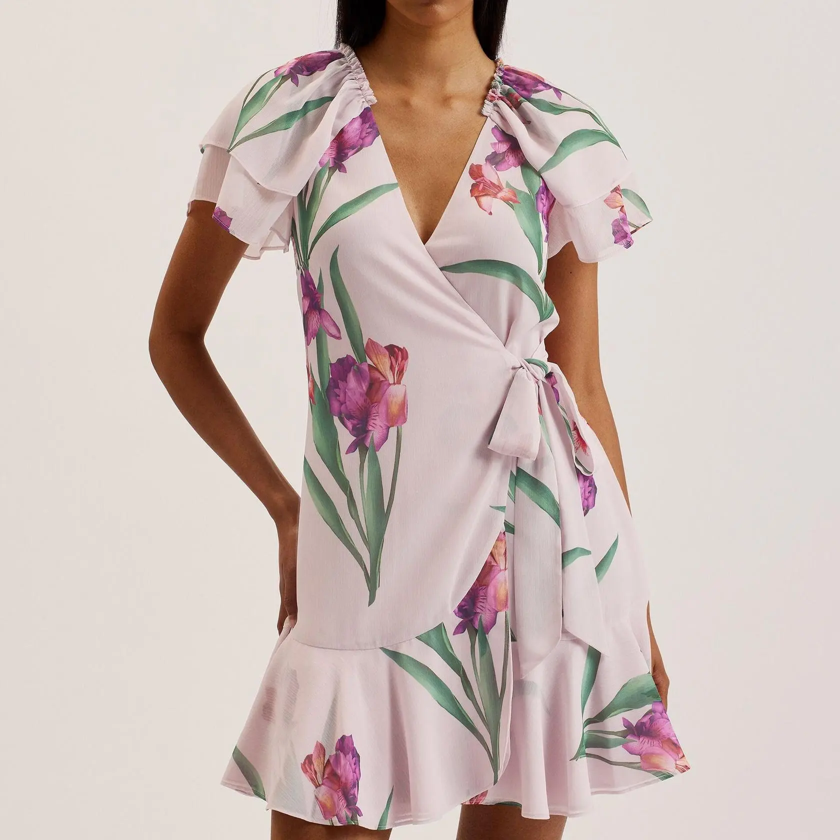 Custom Floral Angel Sleeve Wrap Mini Dress